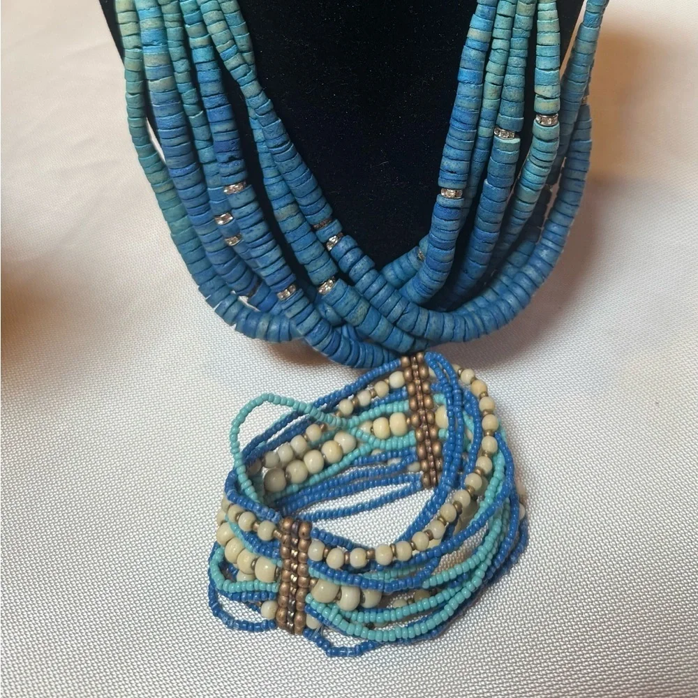 Blue Multi-Strand Beaded Necklace & Stretch Bracelet - Like New